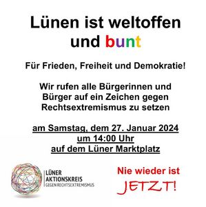 Einladung zur Kundgebung gegen Rechts in Lünen am Samstag, den 27.01.24 um 14 Uhr auf dem Lüner Marktplatz